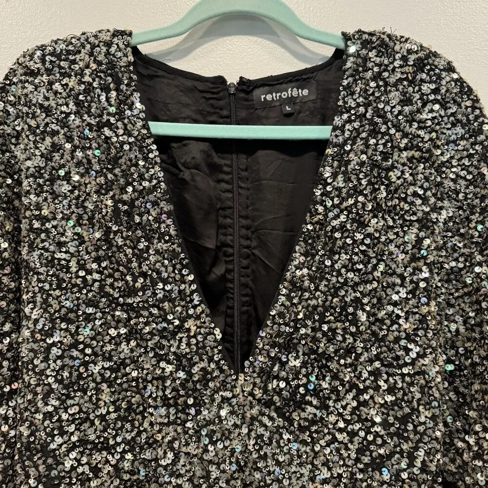 NWOT Retrofete Dress Full Sequin Summer Party Black Long Sleeve Women sz Large - Picture 3 of 12